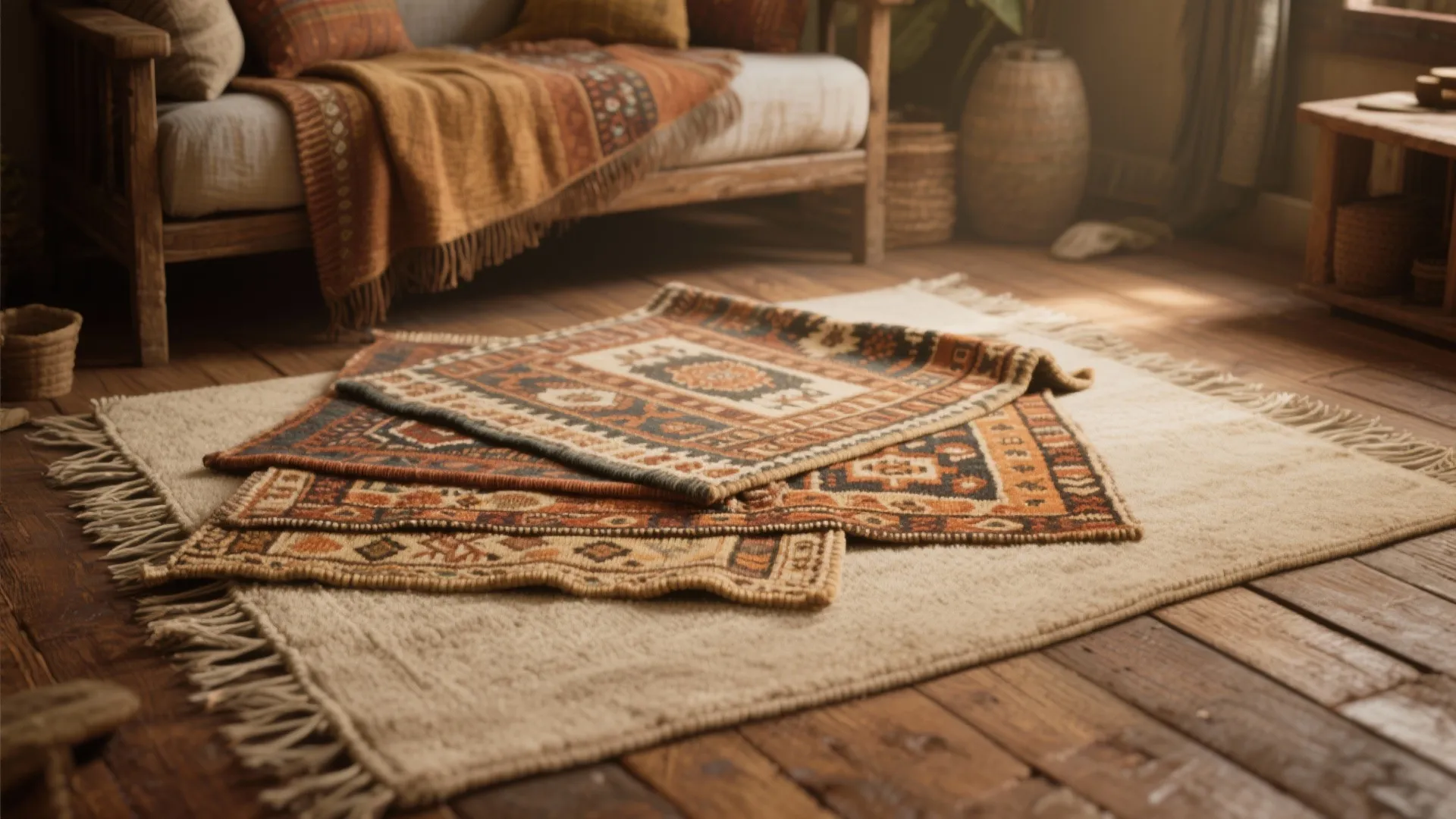 Layered vintage kilim rug over a neutral base creating a warm, textured living space
