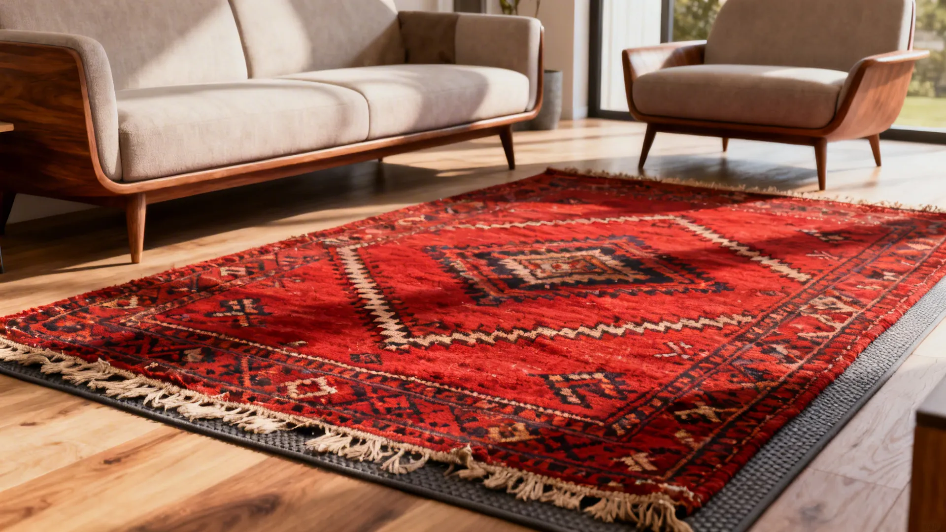 Red geometric rug on wooden floor in living room with beige sofa and wooden chair