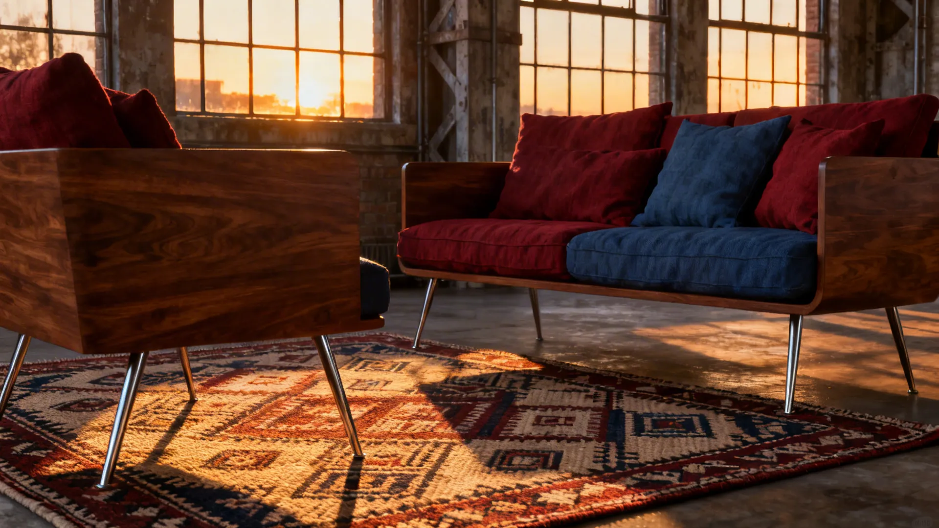 Loft living room where a vintage kilim rug softens minimalist mid-century furniture and warm light.