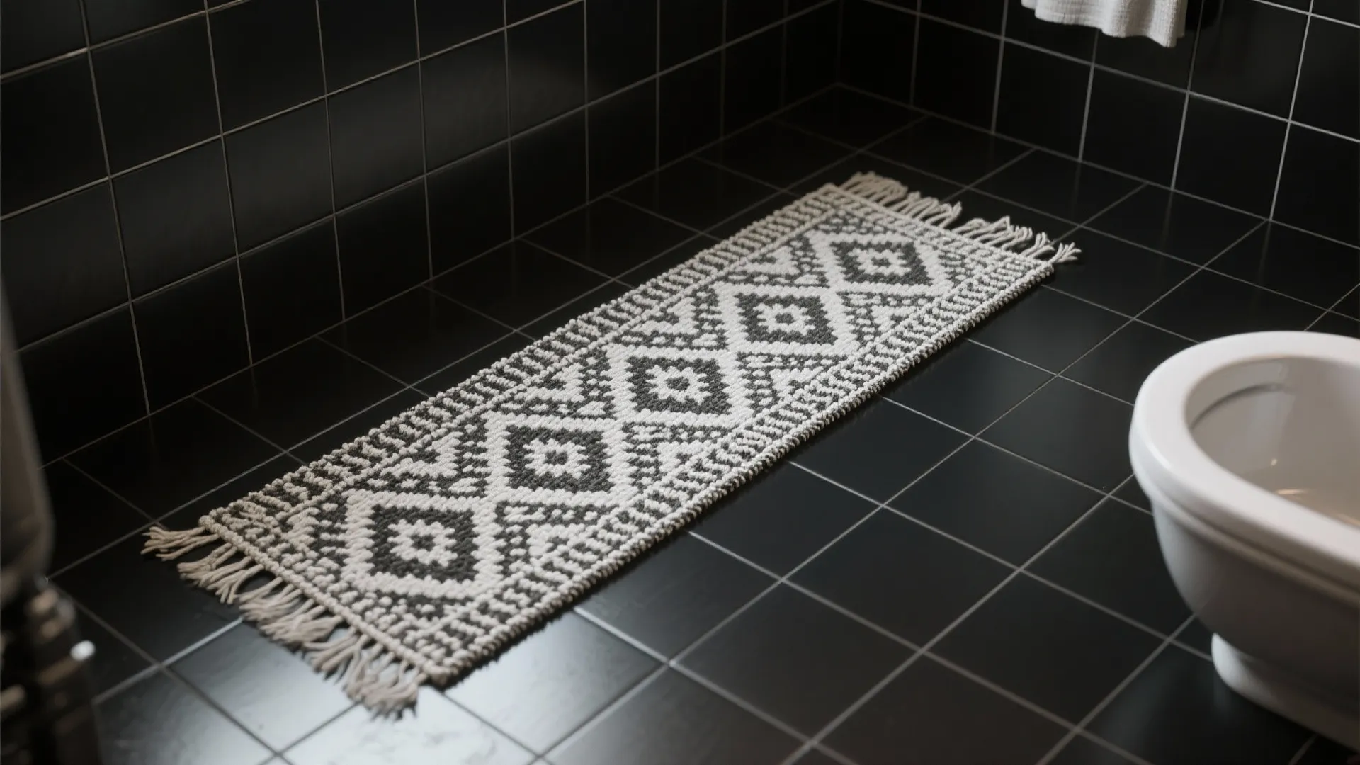 Black tiled bathroom floor with a long white patterned rug next to a white toilet