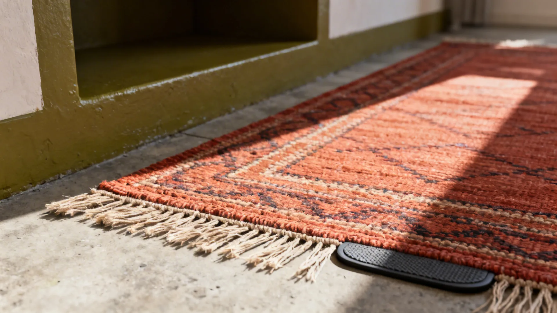 Idea 3: Olive Pantry Niche + Denim Blue Appliances + Brick-Red Rug