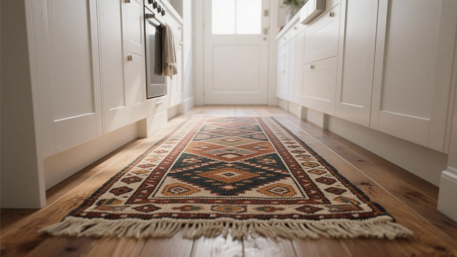 Colorful patterned runner rug on wooden floor in white kitchen with cabinets and natural light