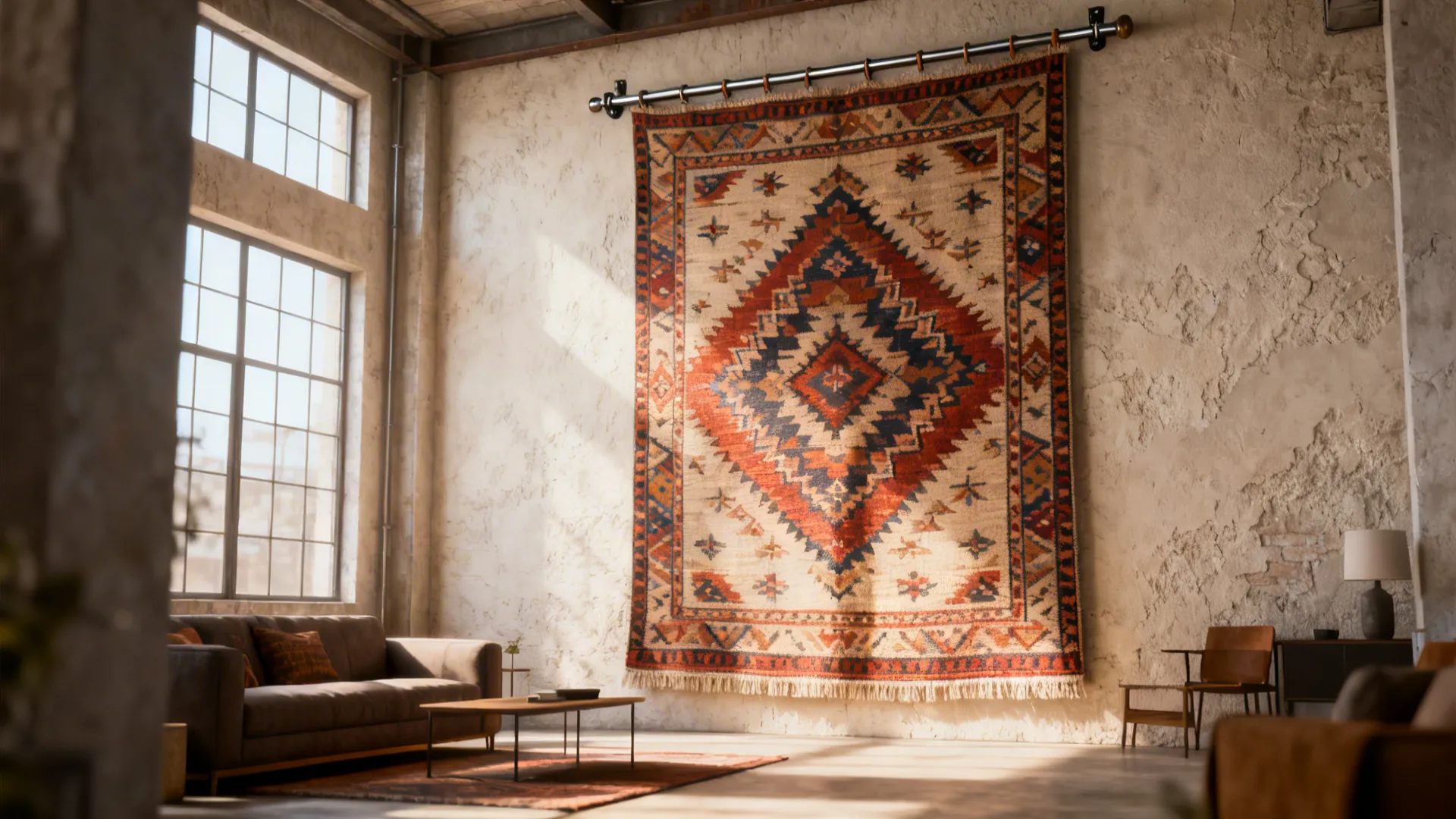 Kilim-style oversized tapestry on a loft wall adding warmth and reducing echo