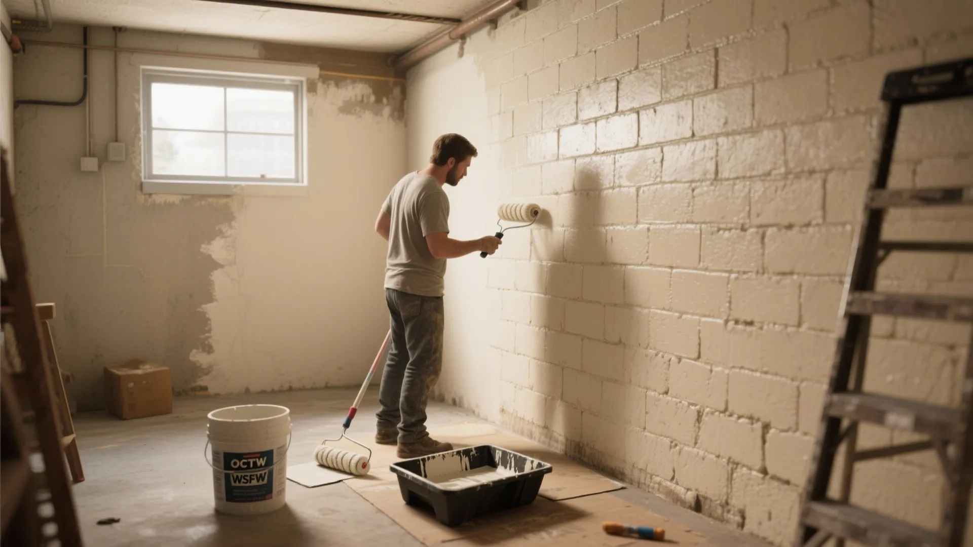 A man using a paint roller to apply white paint on a brick basement wall