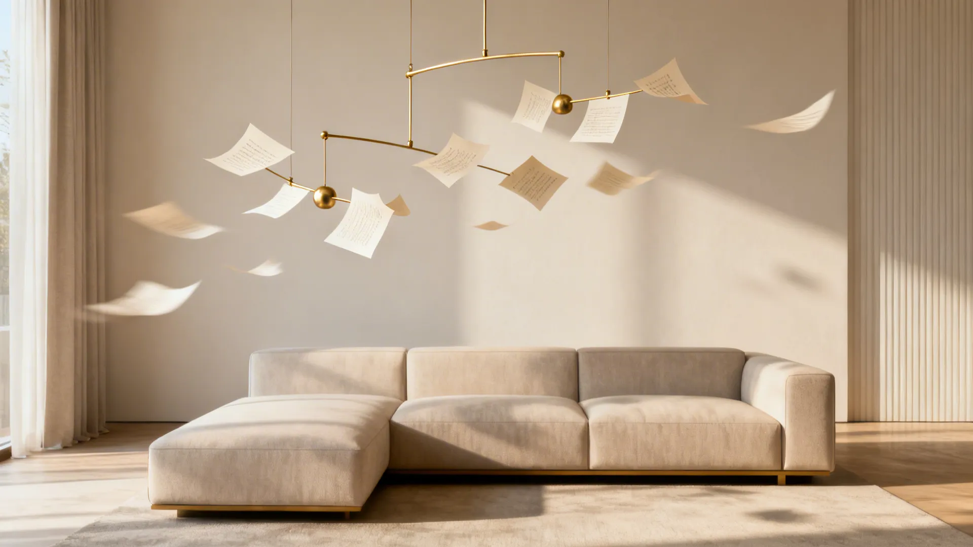 Brass-and-paper mobile above a sofa adding subtle motion and sculptural interest.