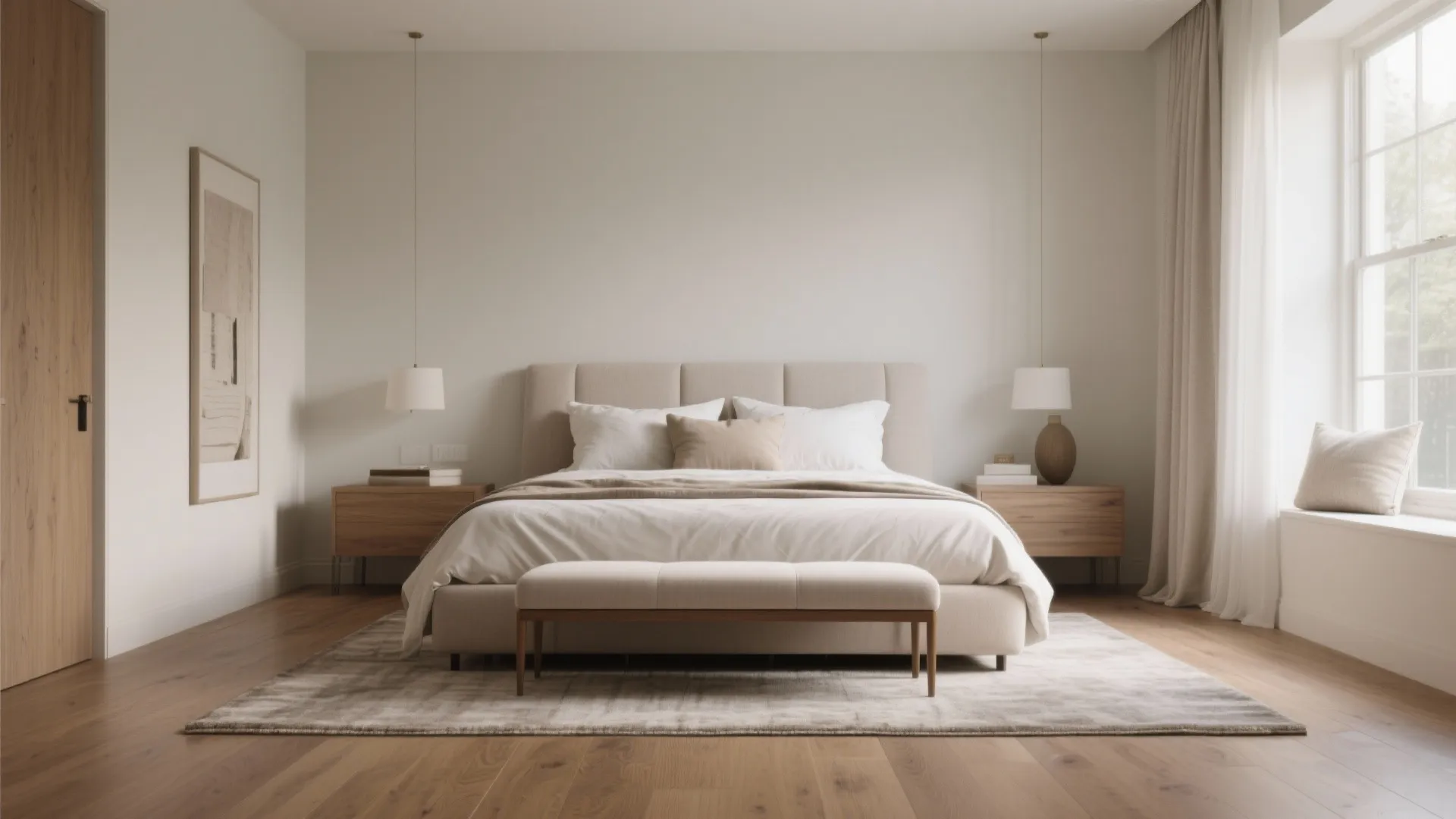 Minimalist bedroom with large bed beige footrest wooden floor two ceiling lights and large window