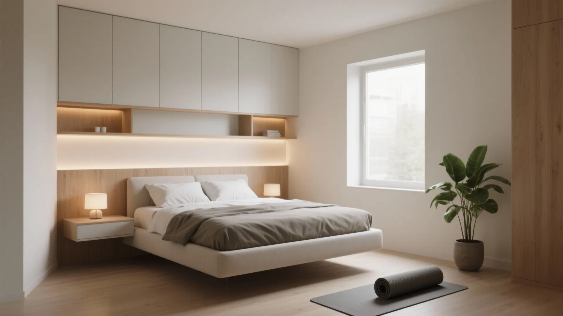 Modern bedroom with white bed wooden wall panel floating nightstand green plant and yoga mat