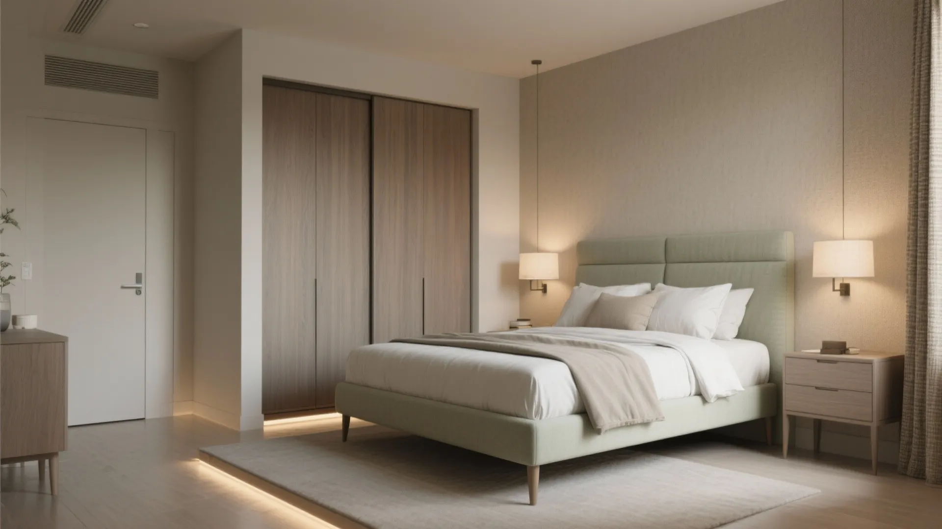 Modern bedroom with light green bed, wooden wardrobe, soft rug, bedside lamps and neutral wall