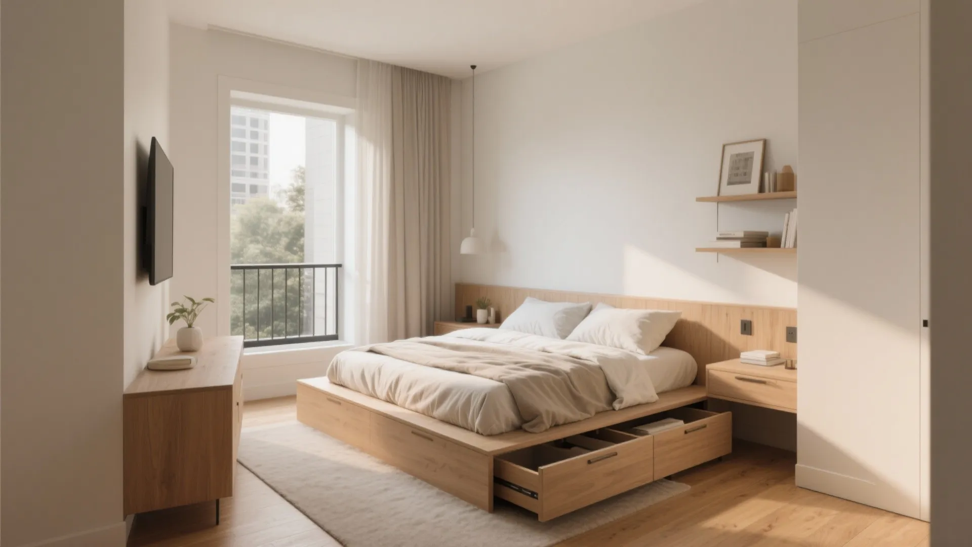 Minimalist wood bed with storage drawers near a window with curtains and a wooden storage cabinet