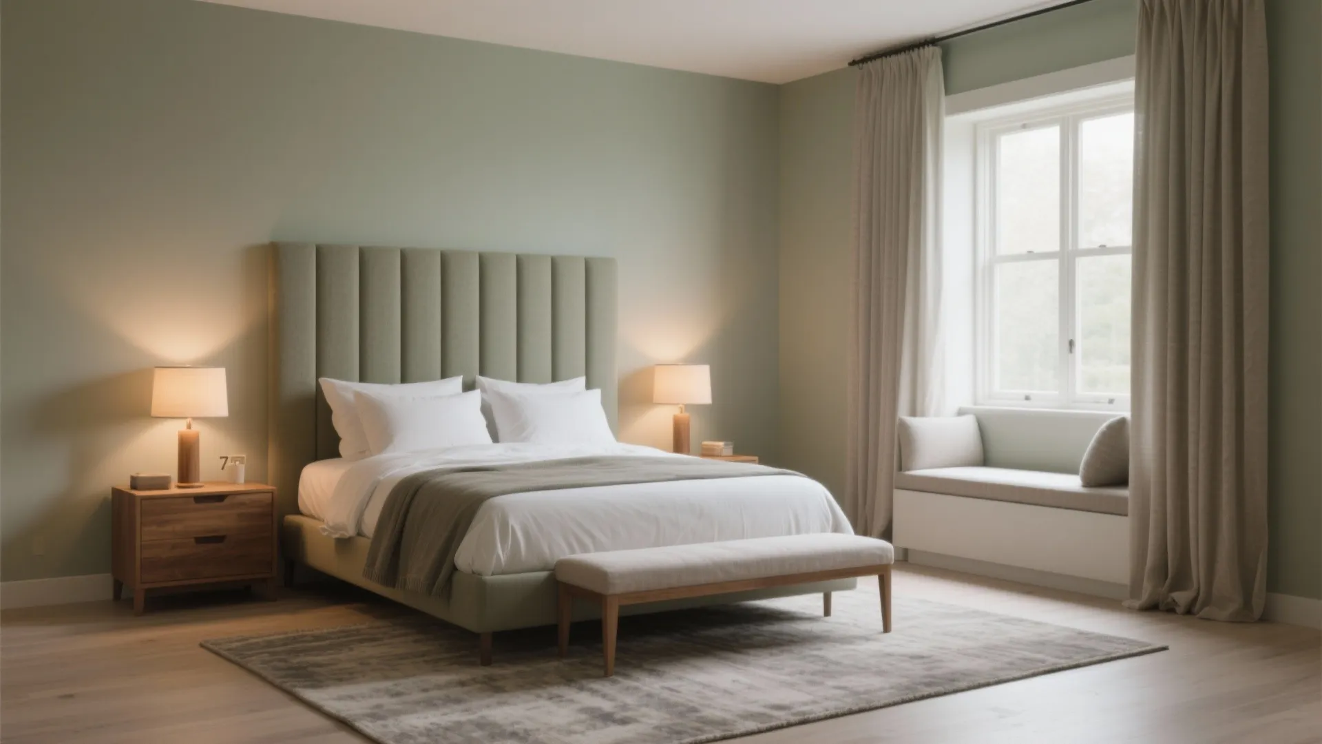 Modern bedroom with green walls large bed wooden nightstands table lamps window seat and curtains