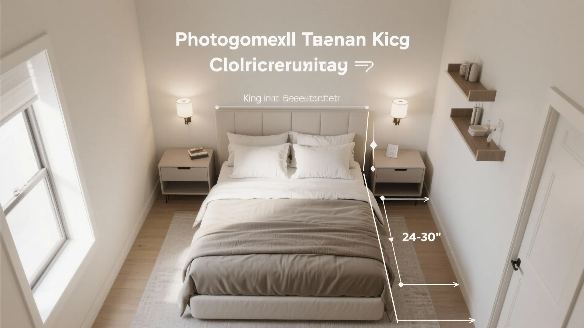 Top-down clearance layout for a king bed showing a 24–30 inch walkway and minimal furniture to keep circulation clear.