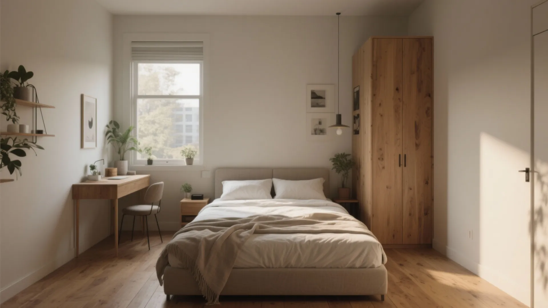 Minimalist bedroom with wooden wardrobe, small desk, comfortable bed, potted plants, and natural window light