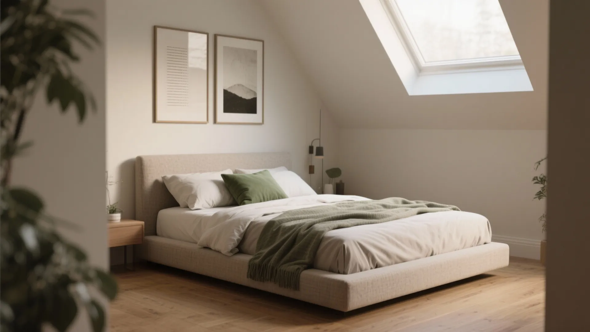 Minimalist attic bedroom with low platform bed wooden floor two pictures and one large window