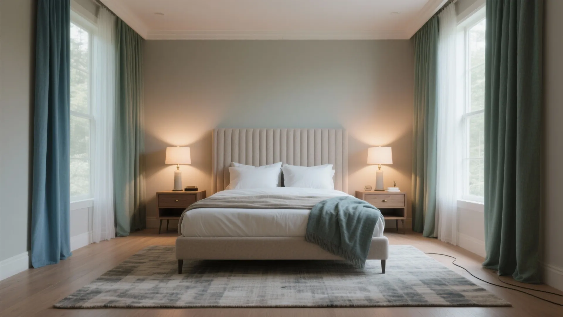 Modern bedroom with upholstered headboard wooden bedside tables blue curtains grey rug and soft light fixtures