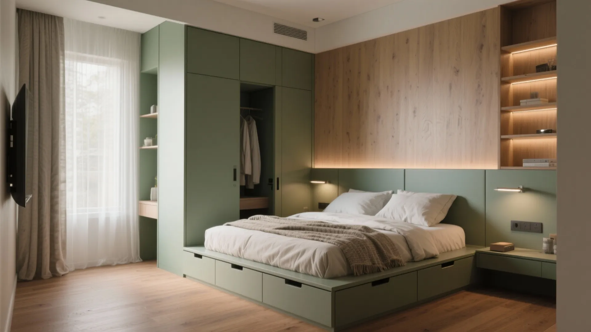 Green bedroom with storage bed built-in wardrobe wooden wall panel and small desk near window