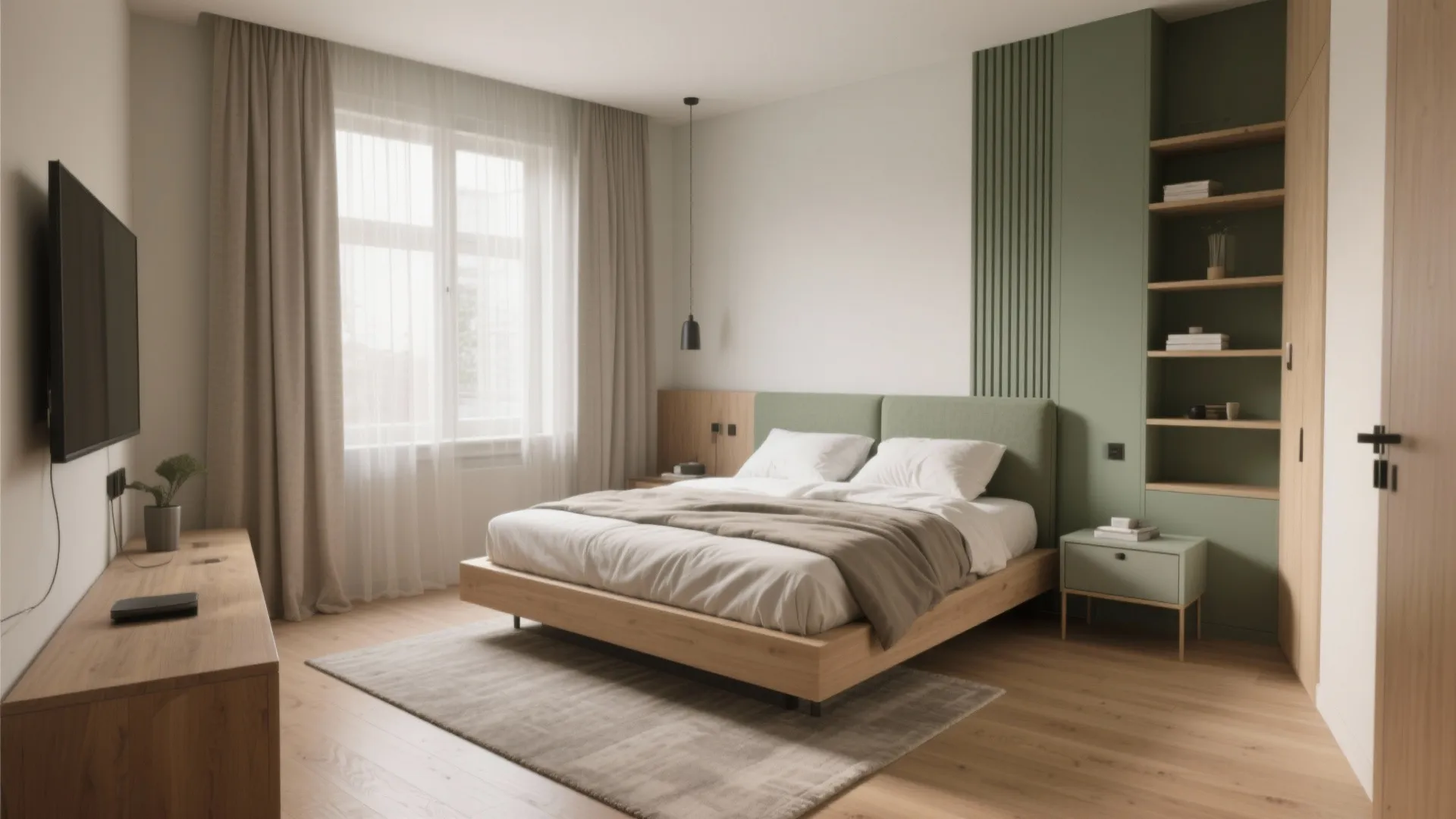 Spacious bedroom with green wall panels and wooden floor featuring a bed and television set