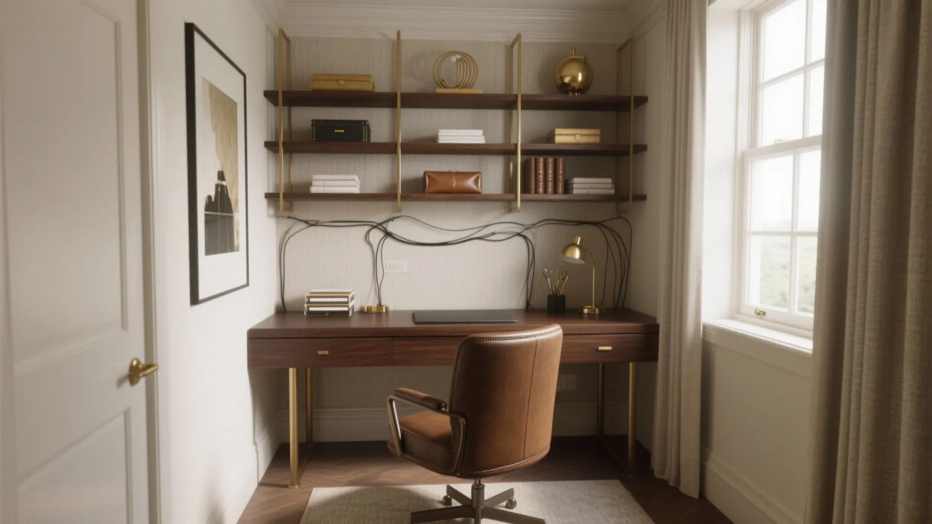 Classic home office with wooden desk brown leather chair wall shelves wall light and window