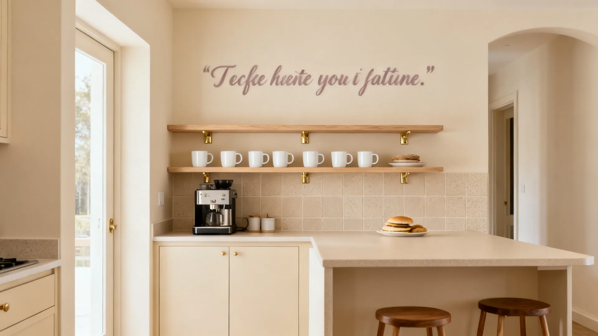 Scandinavian kitchenette with a soft taupe script wall quote above a coffee corner.
