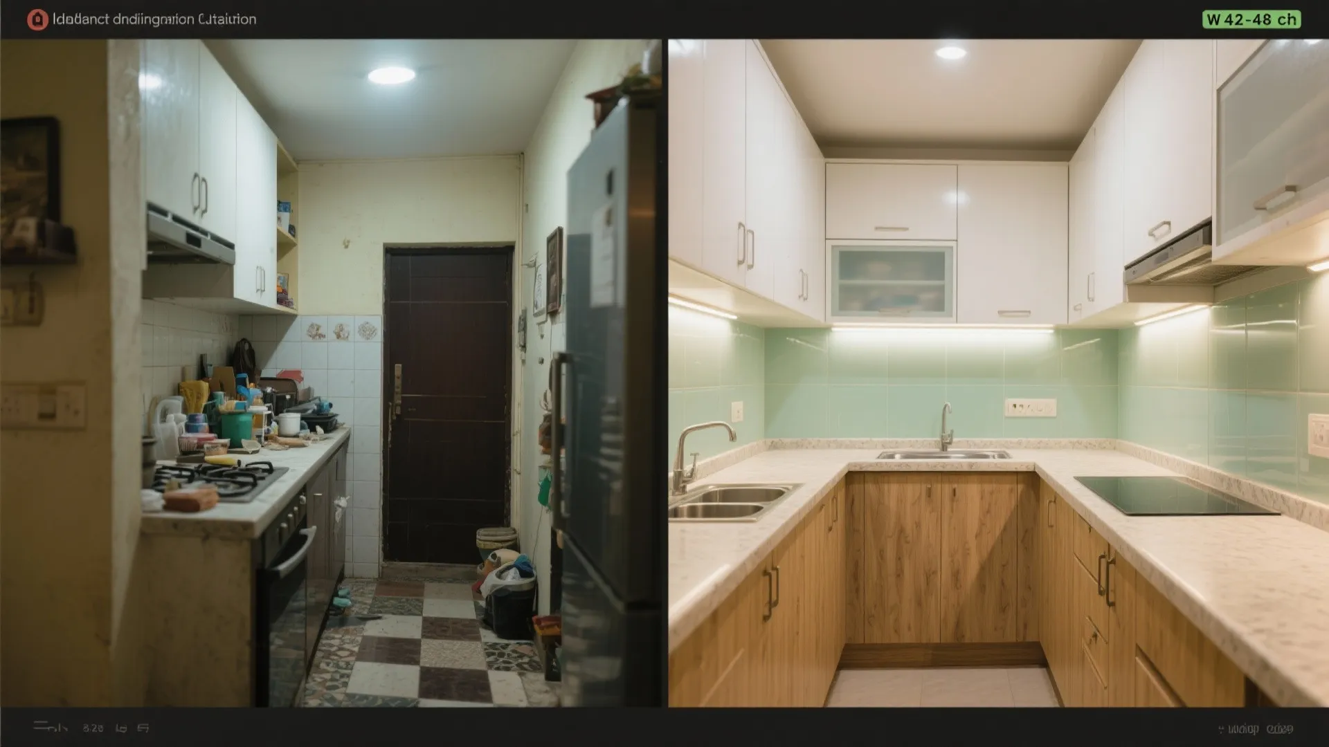 Before and after comparison of a messy old kitchen and a modern clean renovated kitchen