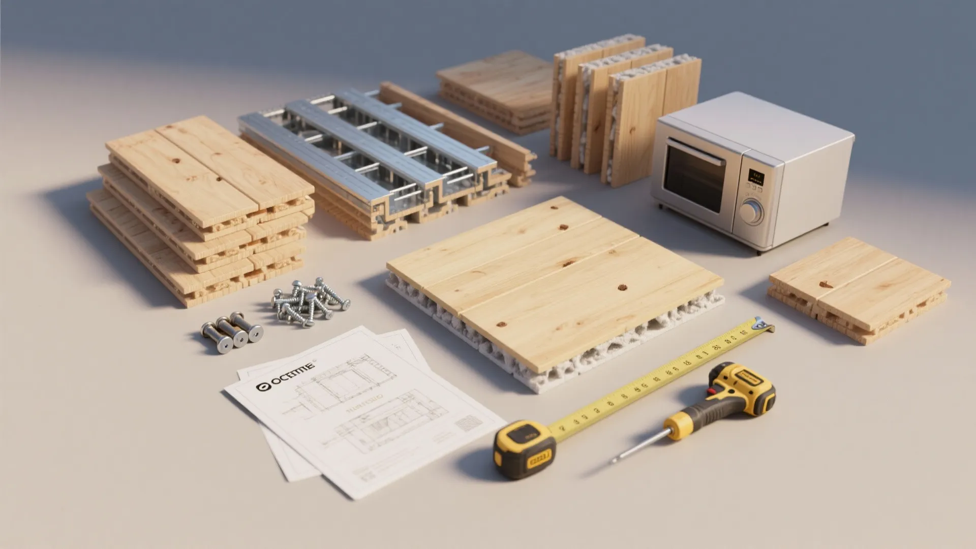 Collection of building materials including wood panels metal frames screws tape measure and interior design drawing