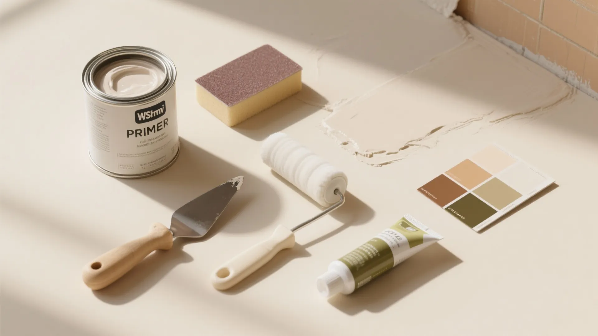 Essential wall painting tools including primer can sponge paint roller metal scraper and color palette cards