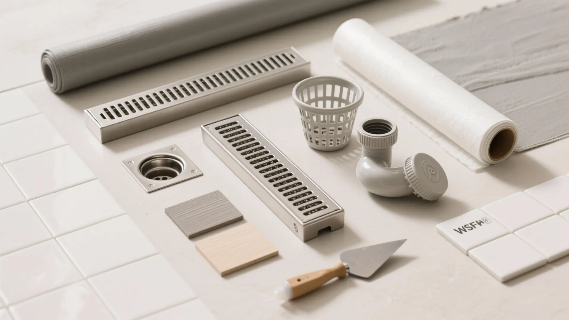 Flat lay of drain grates, bodies, hair trap, P-trap, membrane roll, and tile samples arranged on a neutral surface.