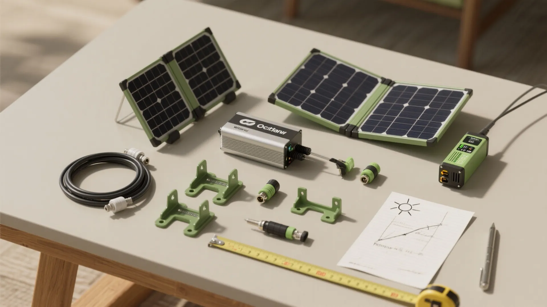 Top-down flatlay of DIY solar kit parts: panels, inverter, portable battery, cables, mounting hardware, and a sun-path sketch.