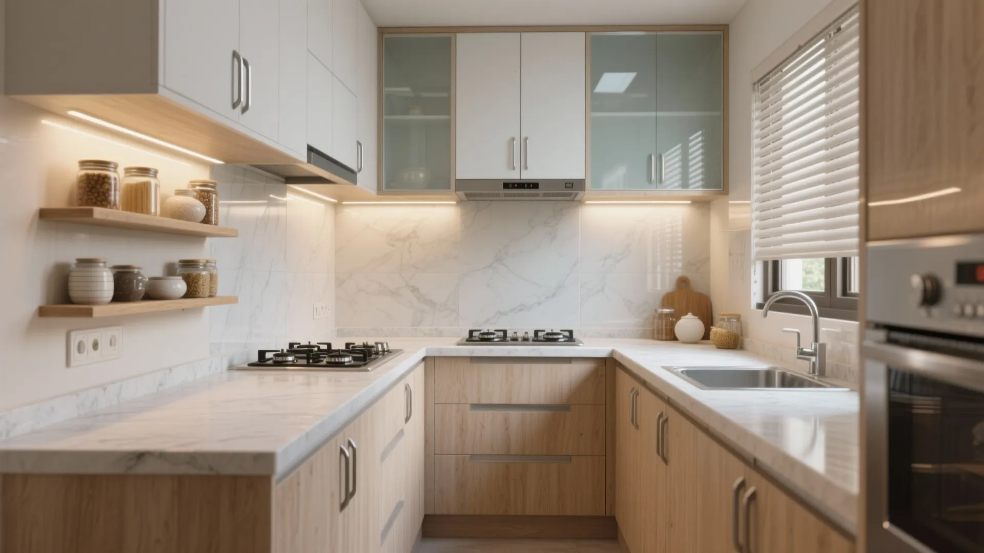 Modular Kitchen with Open Shelving and a Light-Bouncing Backsplash