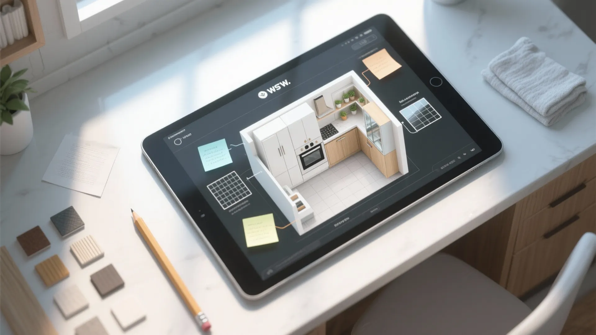 Tablet on a desk showing a kitchen interior design drawing with material samples and a pencil
