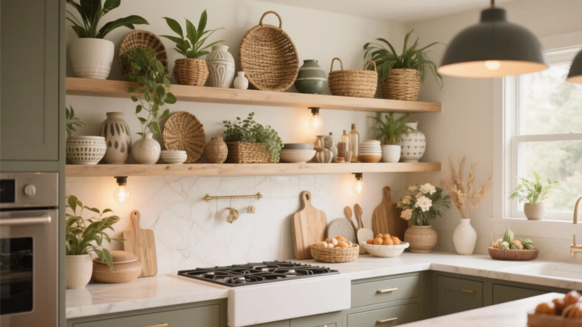 Modern kitchen with green cabinets marble countertop and wooden shelves holding plants baskets and pottery