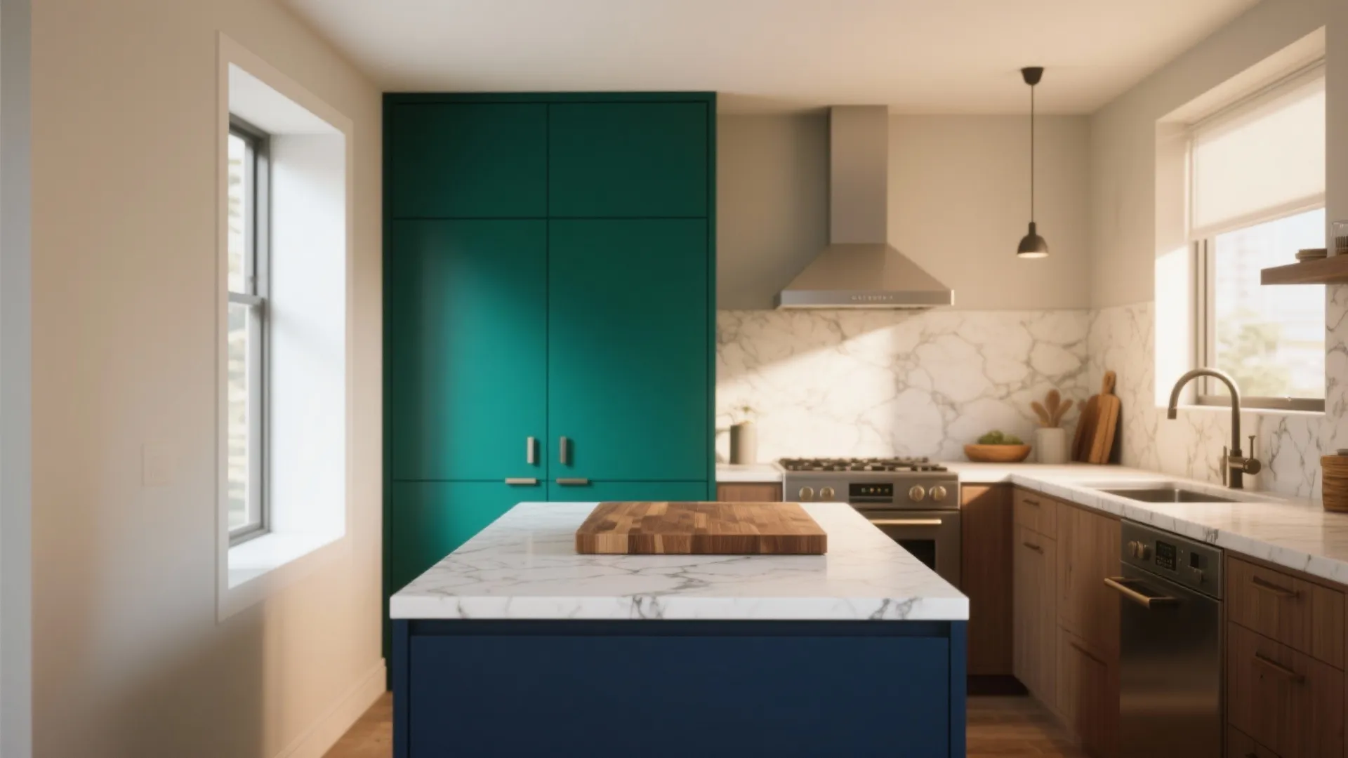 Small kitchen with a deep emerald cabinet and white marble countertops, highlighting bold accent paint.