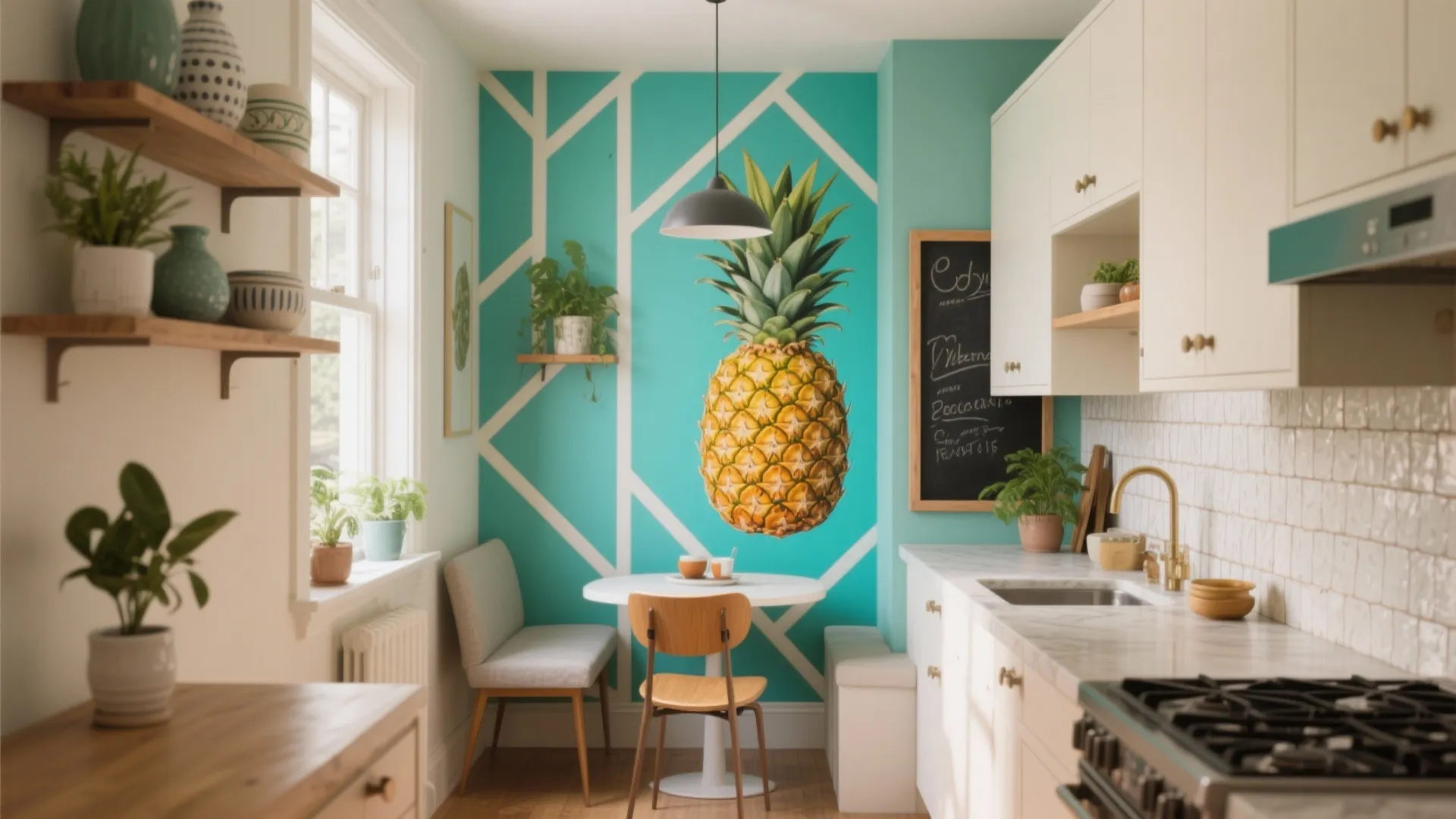 Modern kitchen dining area with a large pineapple wall mural teal pattern and white cabinets