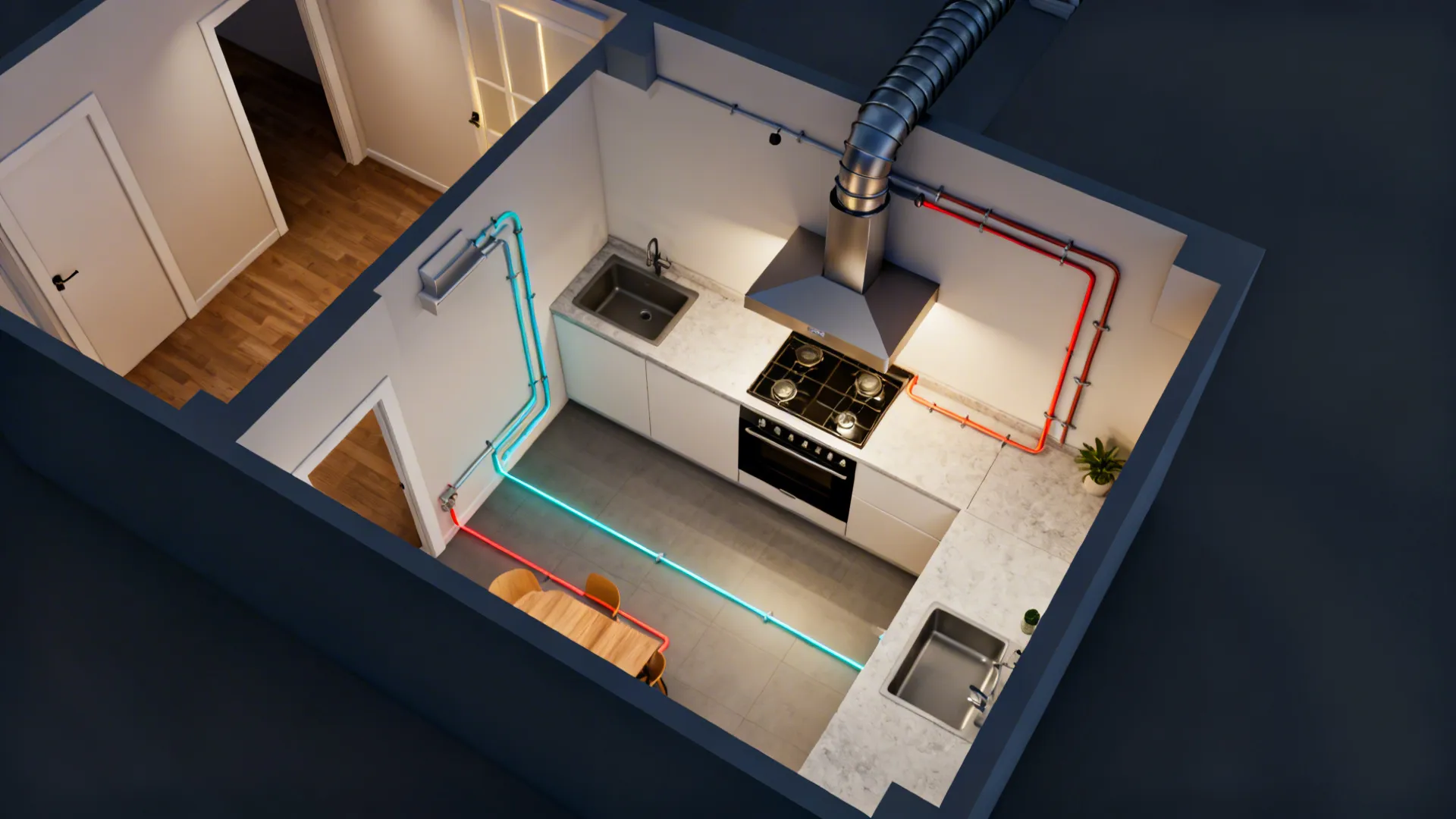 Top-down view illustrating range hood intake, exterior ducting, and make-up air path.