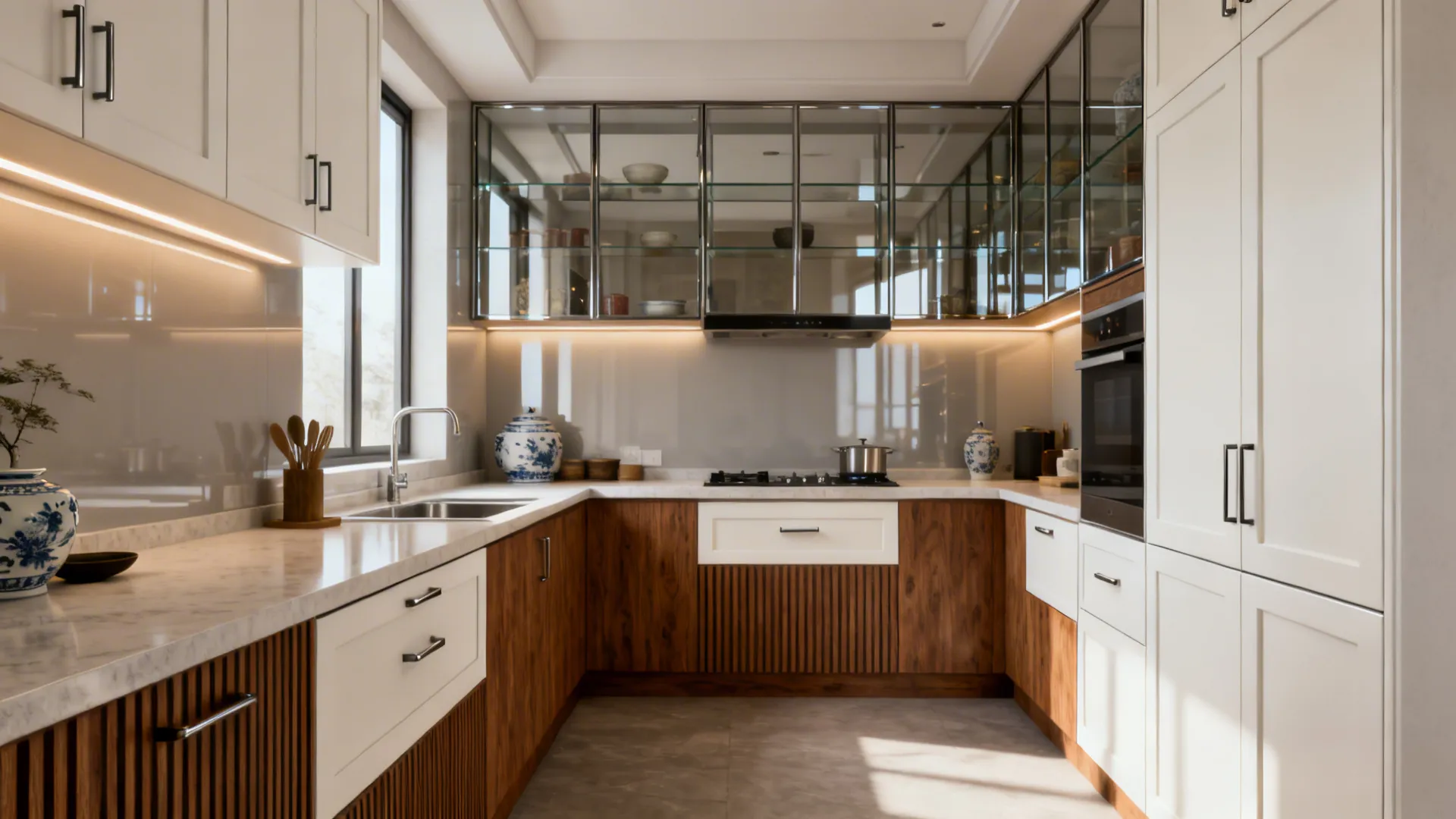 Compact kitchen blending slim-rail Shaker, handleless runs, wood bases, glass uppers, and a tall pantry.
