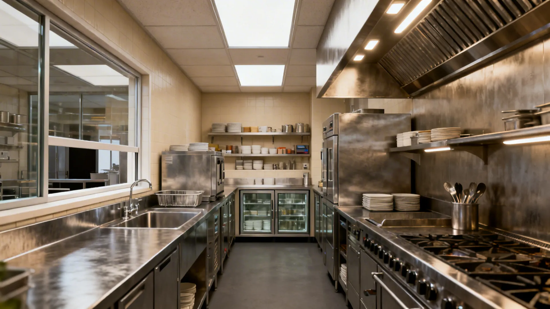 Wide view combining zones, right-sized equipment, open pass, dish area, and balanced ventilation.