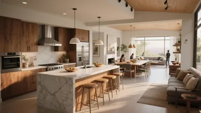 Modern Open-Concept Kitchen, Dining & Living Space Design