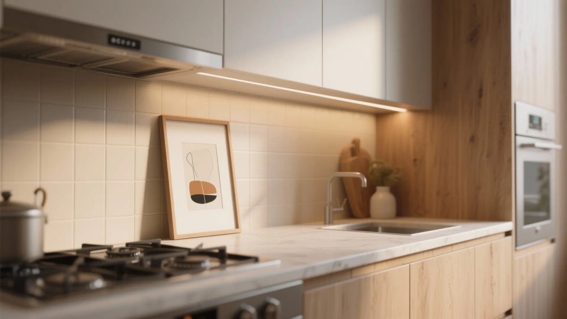 Framed art piece leaning against a tiled kitchen backsplash