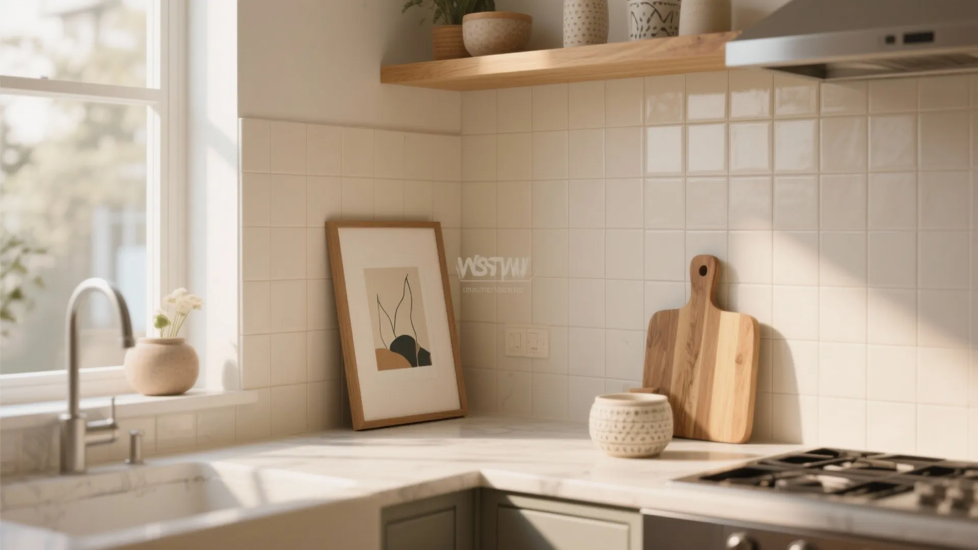 Modern kitchen corner with white wall tiles wooden cutting board and framed art on counter