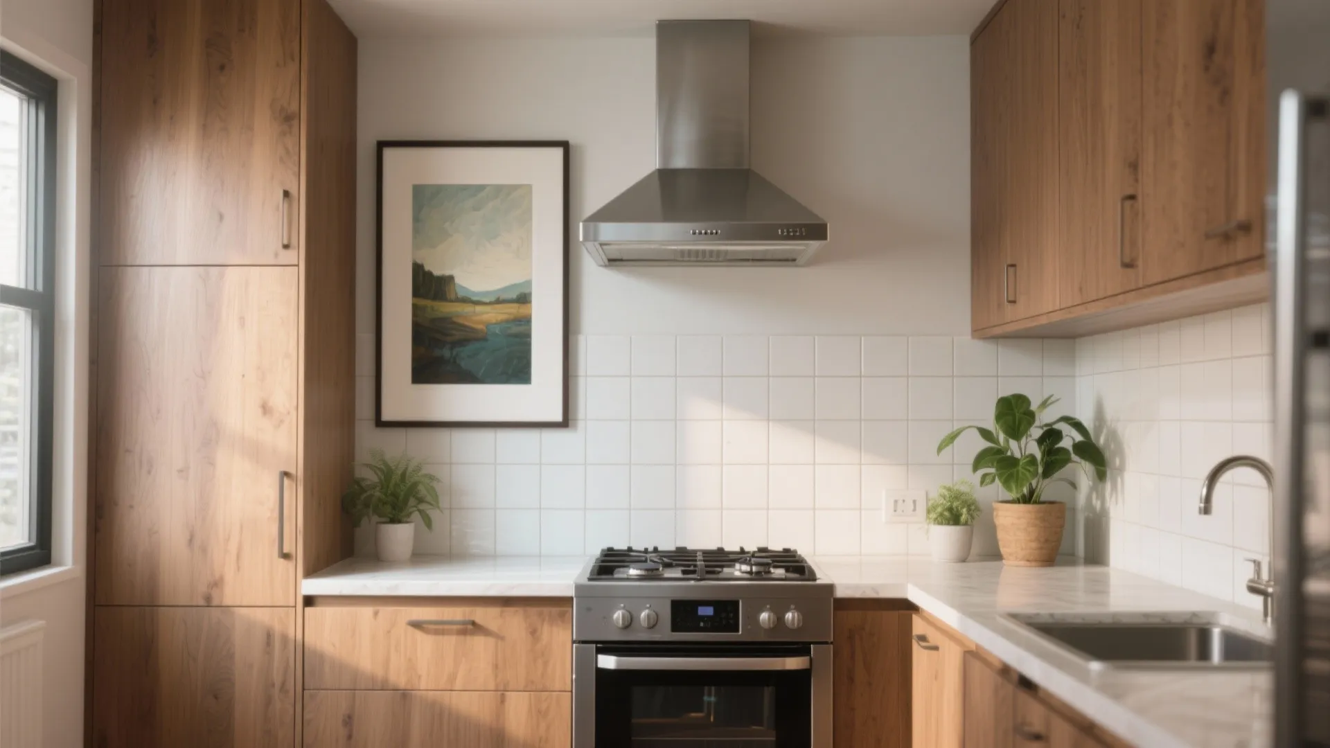 Modern kitchen with wood cabinets white tiles silver oven range hood and a framed painting
