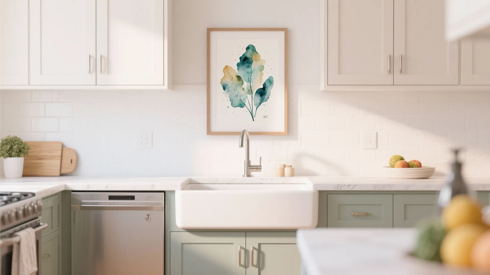 Framed watercolor artwork above kitchen sink