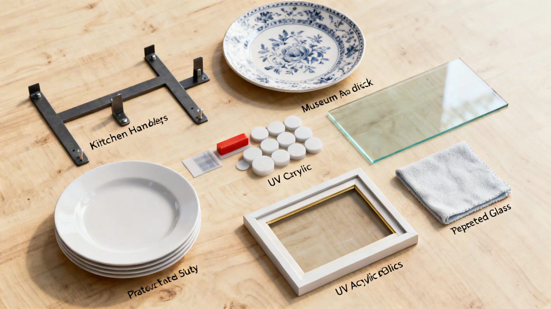 Kitchen items including white plates metal handles glass sheet and white frame on wooden table