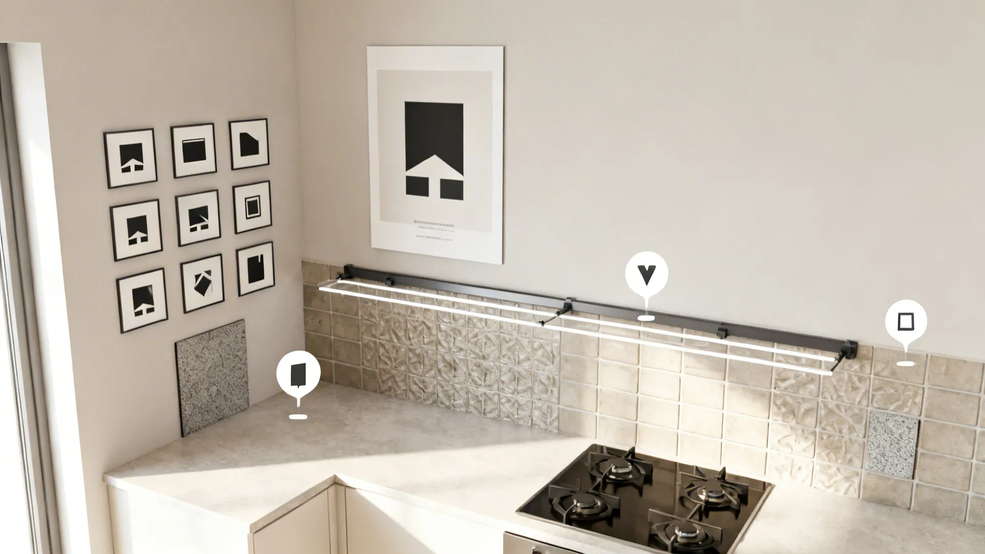 Top-down plan showing zones for gallery grids, posters, tile murals, rails, and textured panels.