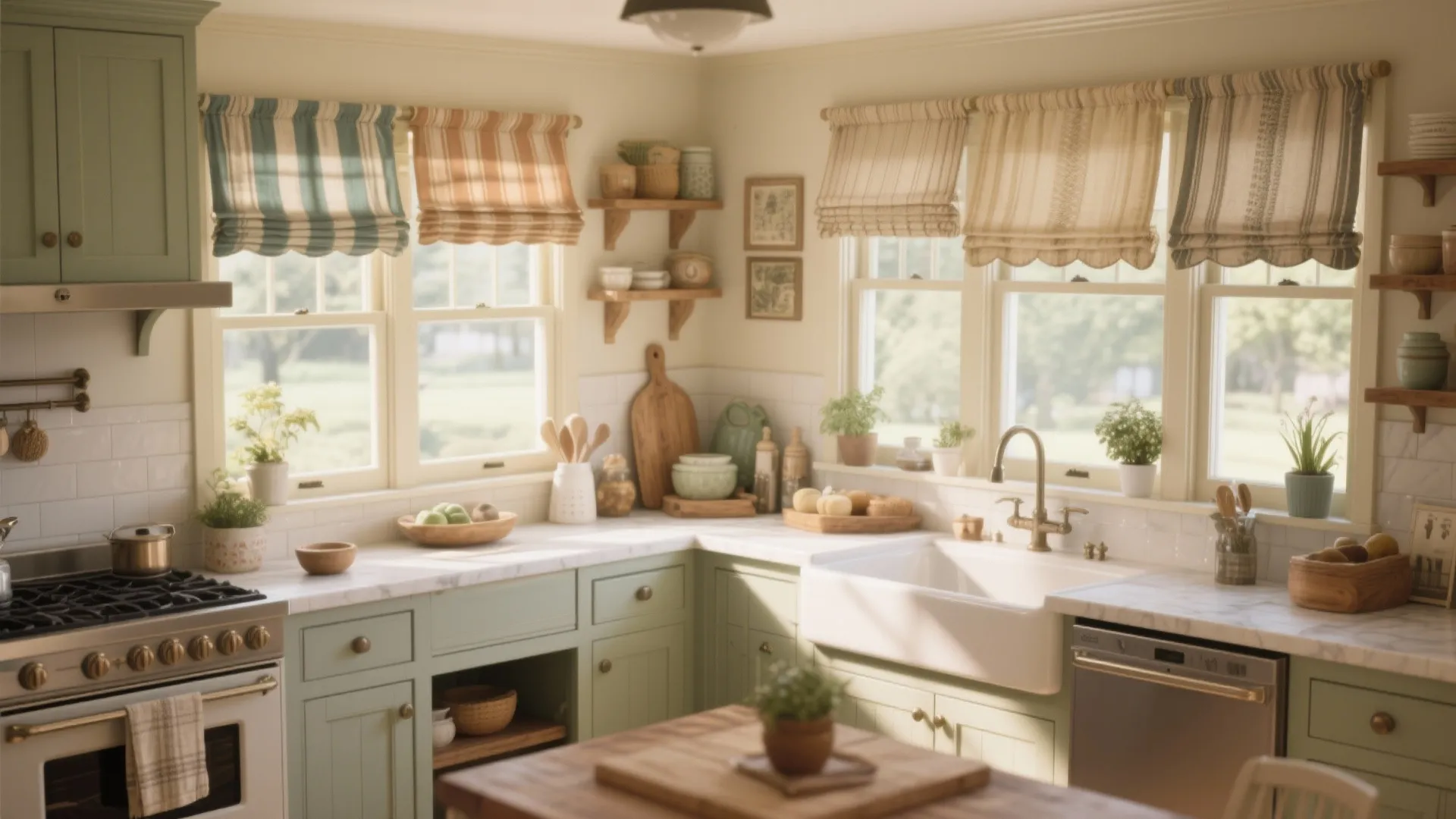 Cozy cottage kitchen with green cabinets white sink striped curtains wood shelves and white tiles