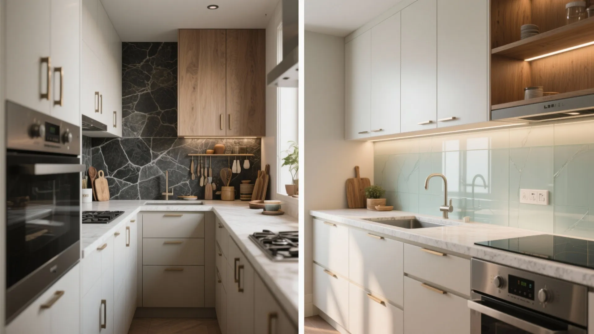Modern kitchen design comparison showing white cabinets with dark marble backsplash and light green tile backsplash
