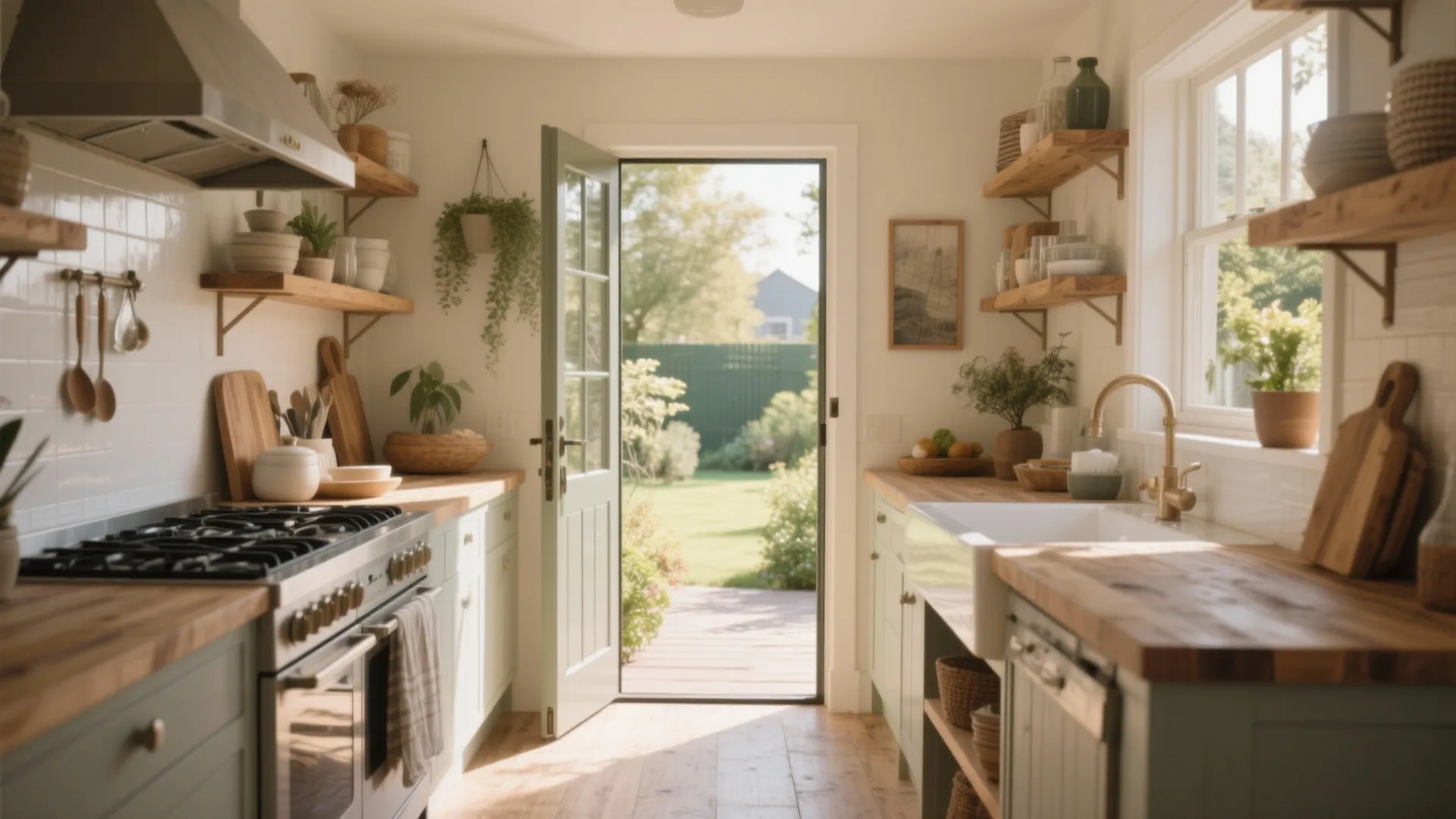 Cozy kitchen with wooden countertops and an open back door leading to a sunny garden