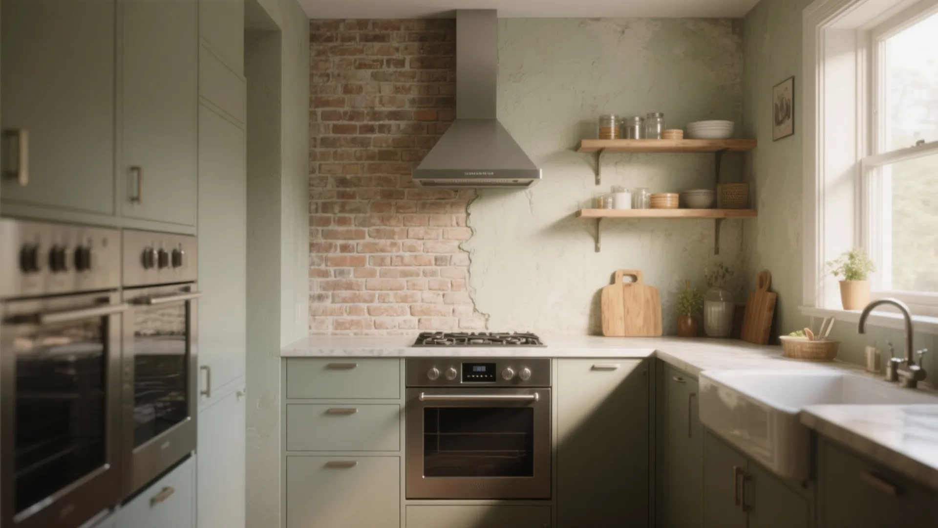 Compact kitchen with limewash backdrop over brick, open shelving, wood and stainless accents.