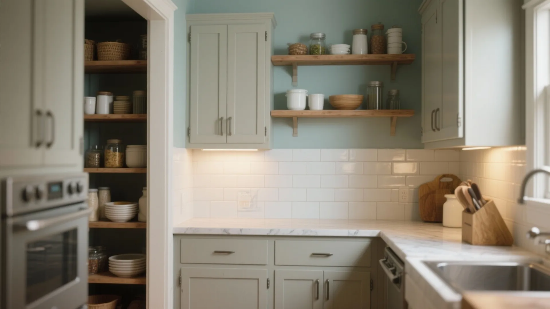 Kitchen with green cabinets white tile wall marble countertop wooden shelves and light blue paint