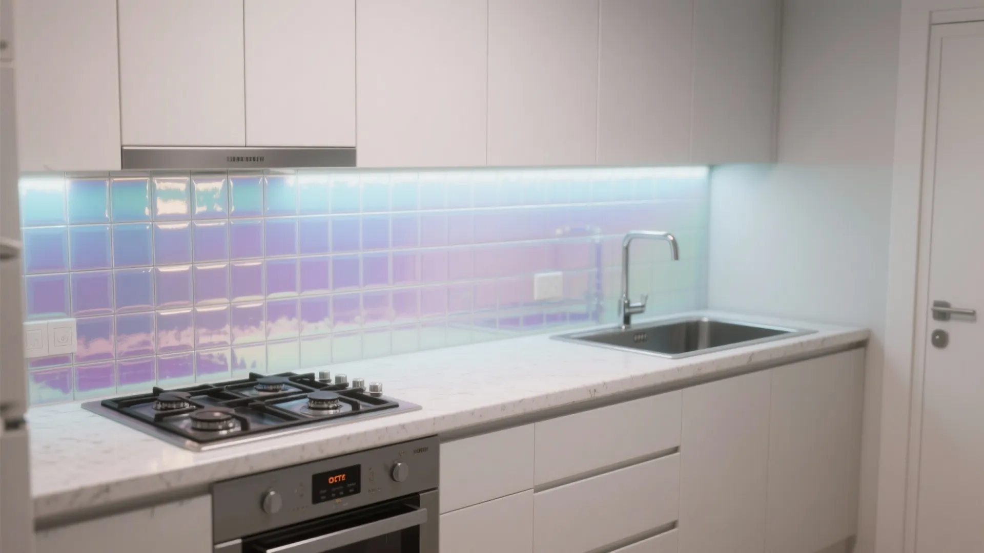 Small kitchen with a narrow iridescent backsplash strip brightening the workspace.
