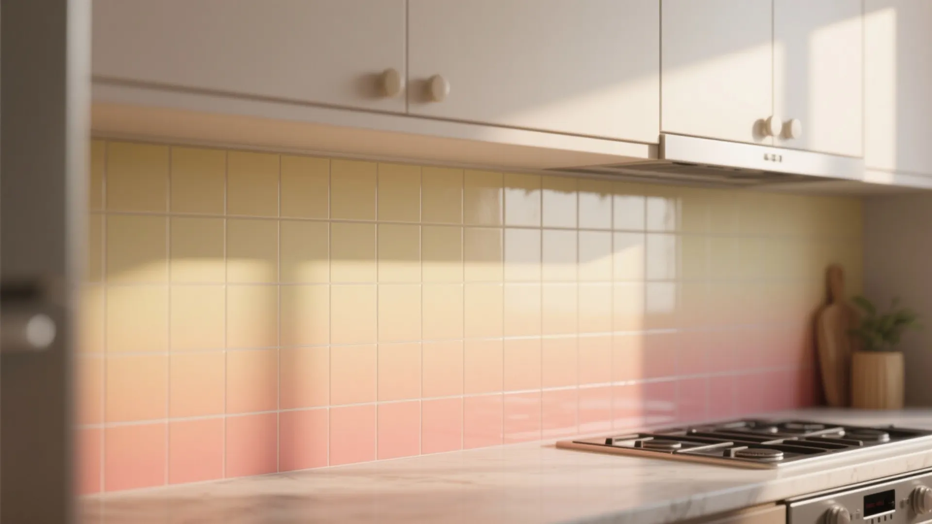 Close-up of a kitchen backsplash strip painted with a pale lemon to soft coral sunrise ombre