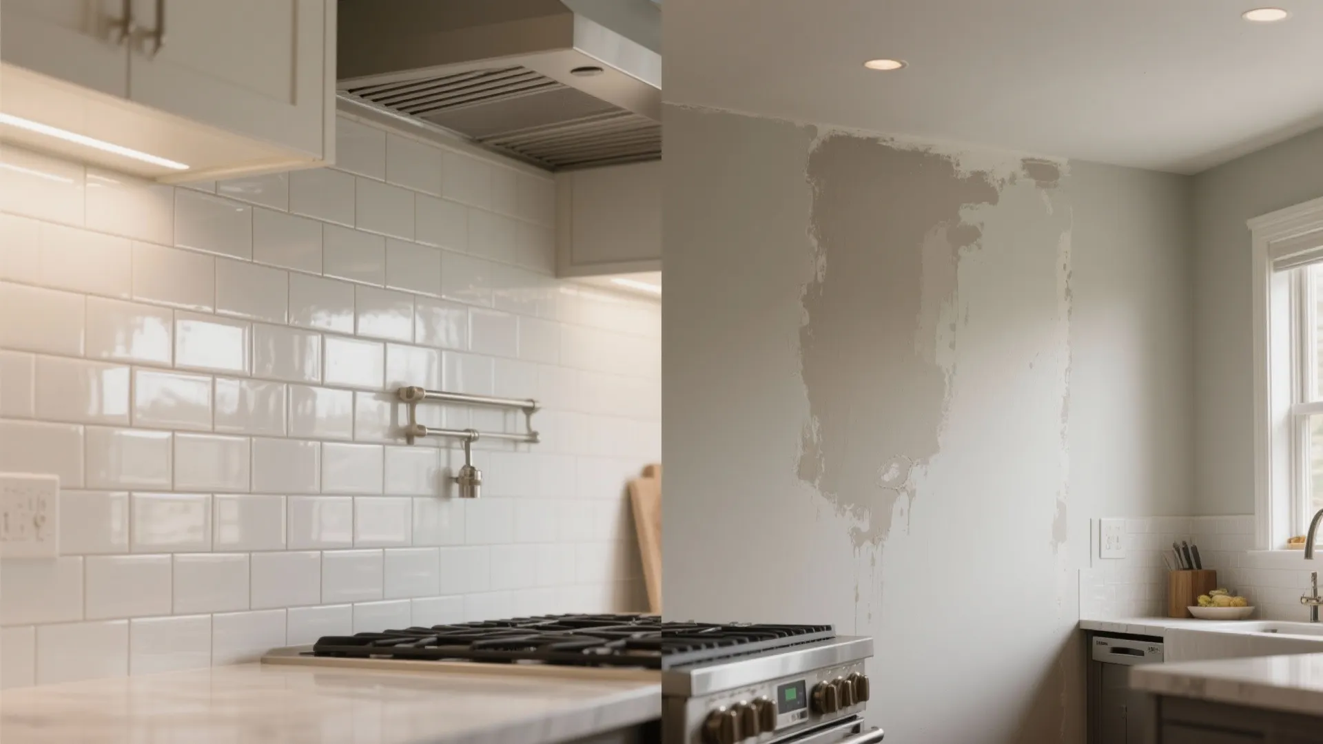 Modern kitchen with white tile wall stove range hood and a wall needing new paint